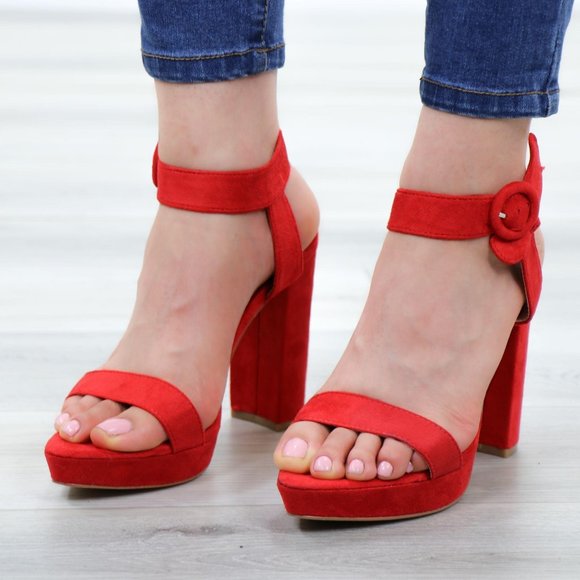 Faux Suede Red Platform Open Pointy Toe High Heels - Picture 13 of 14